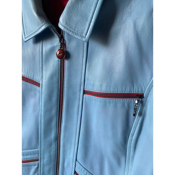 Y2K St. John Sport By Marie Gray Blue Leather Jacket w/ Red Trim Accents/Lining - Picture 9 of 16